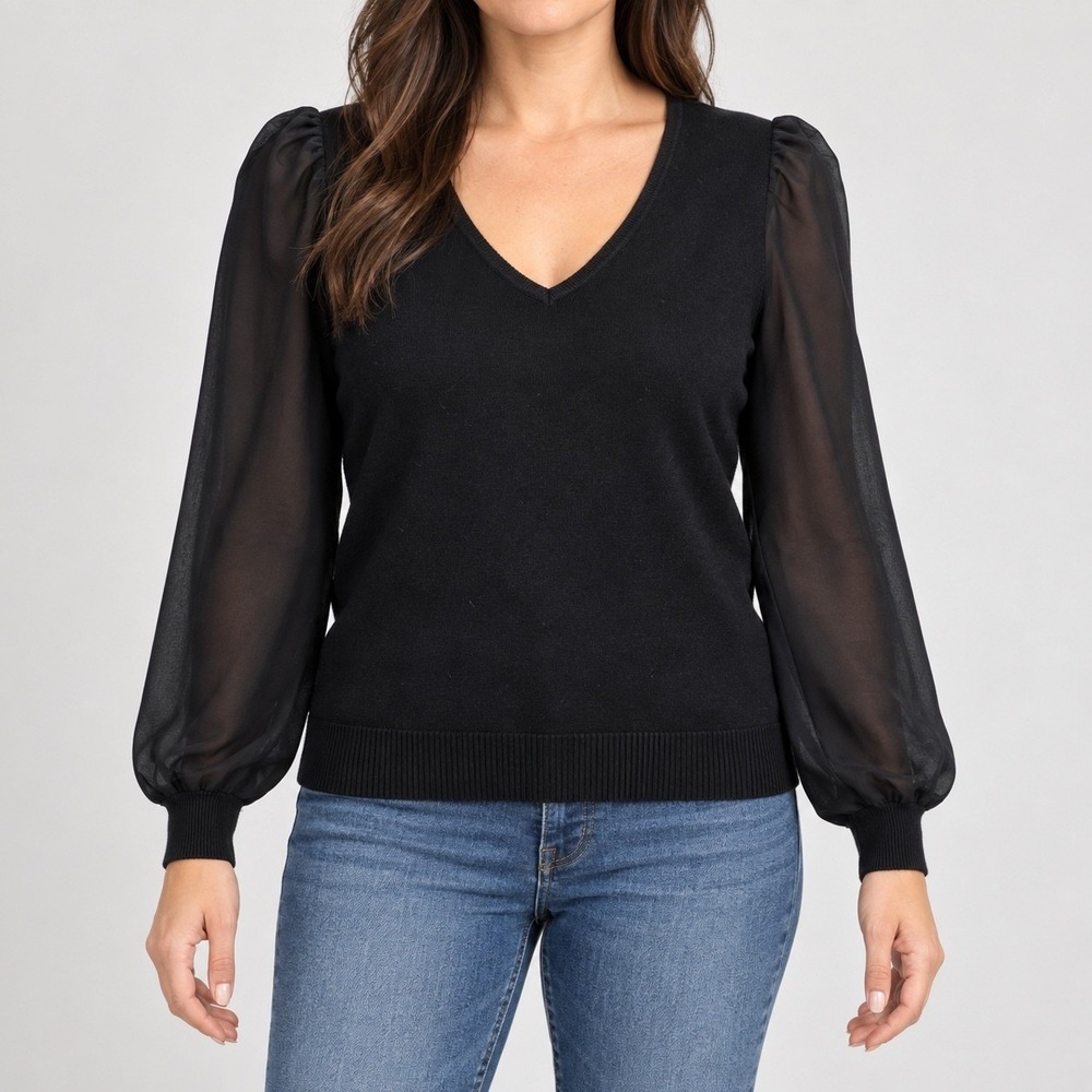 Sweet Halo Women's Large Black Sheer Sleeve V-Neck Knit Sweater Top